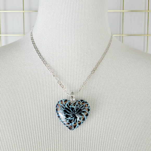 Heart Glass Blue Brown Swirl Pendant - Picture 2 of 9